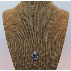 Dainty Silvertone Multi Color Crystal Cross Necklace 16-18 in